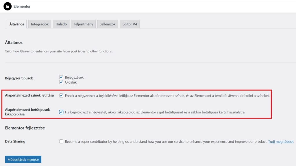 képernyőkép az alapértelmezett színek és alapértelmezett betűtípusok letiltásának beállításáról