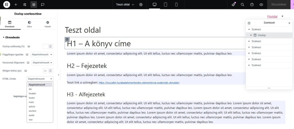képernyőkép a HTML címke header-re állításának lehetőségéről