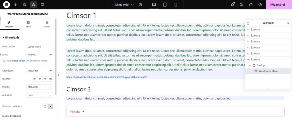 Képernyőkép a lábléc menü Elementor menü widget segítségével való beállításáról