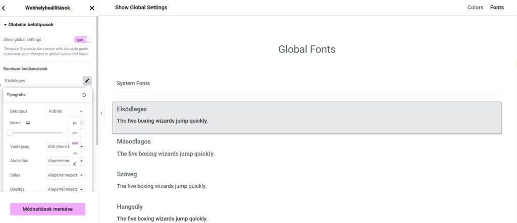 képernyőkép a REM használatának beállításáról a rendszer betűkészletek esetében